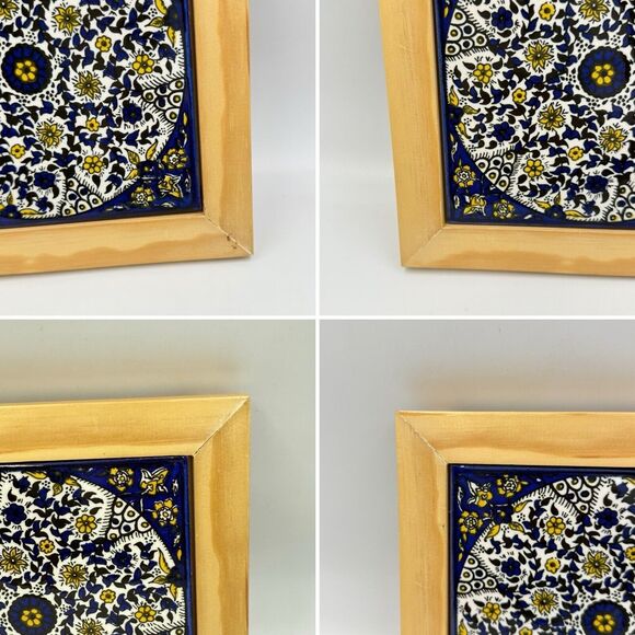 Barbour Ceramics Tile 8x8 square Stand Wood Cobalt Blue and White Yellow Flowers - Picture 10 of 16